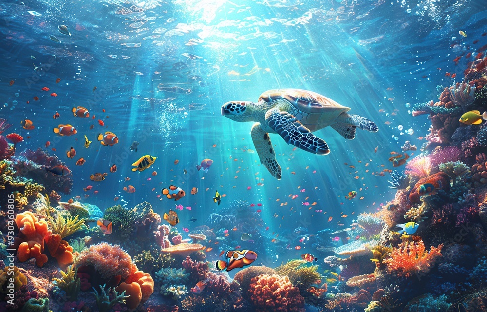 Sea Turtle and Tropical Reef Underwater Sea Turtle and Tropical Reef Underwater