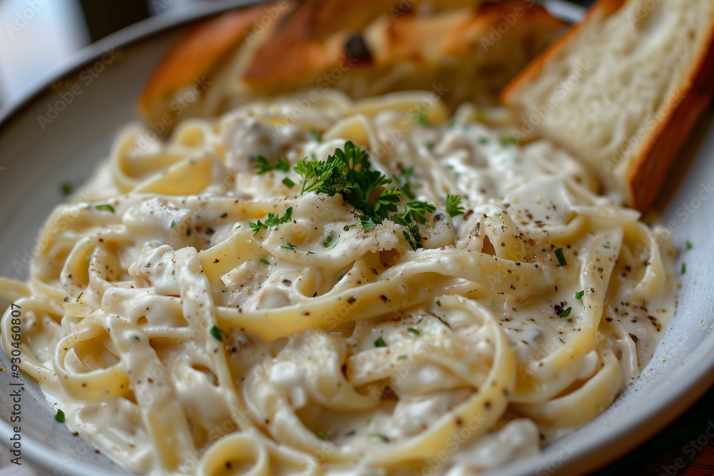 Creamy Fettuccine Alfredo Pasta with Garlic Bread on the Side Creamy Fettuccine Alfredo Pasta with Garlic Bread on the Side