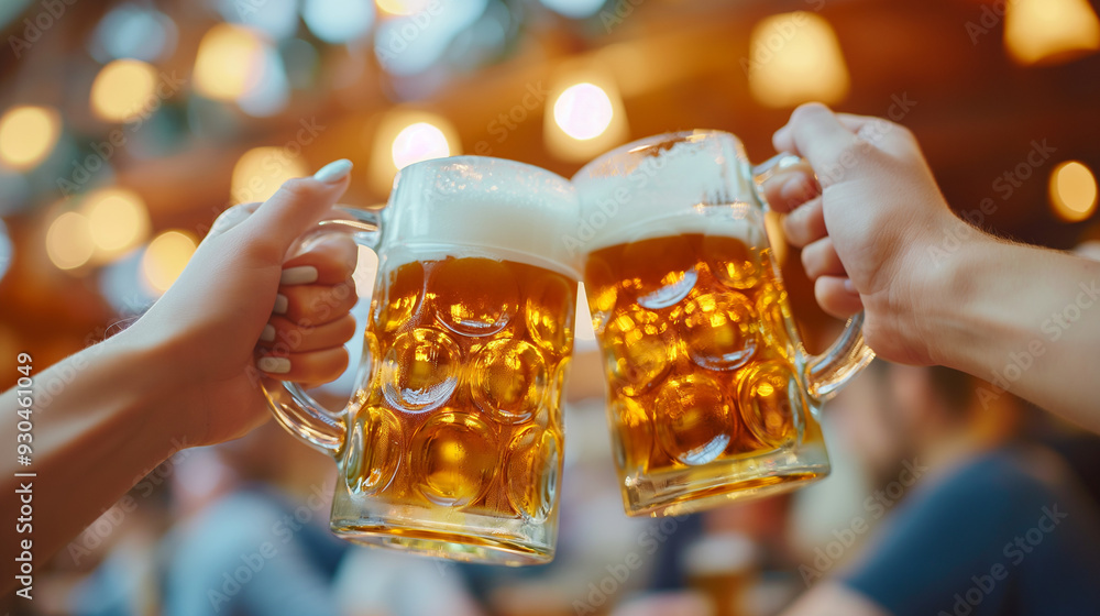 Two hands raising frothy beer mugs in a festive toast at Oktoberfest. Two hands raising frothy beer mugs in a festive toast at Oktoberfest.