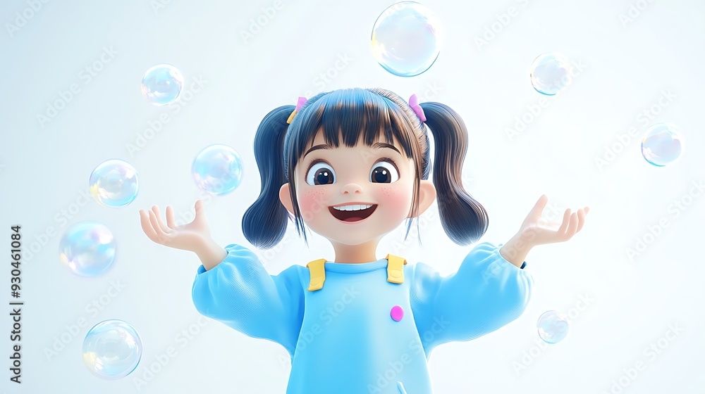 Happy Girl Playing with Bubbles - Cheerful 3D Character in Student Thai Blue Clothing on White Background