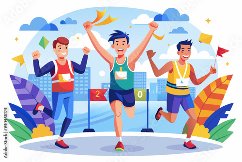 A runner crossing the finish line with her arms raised