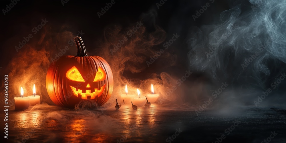 Naklejka premium Spooky Halloween Pumpkin with Candles created by ai