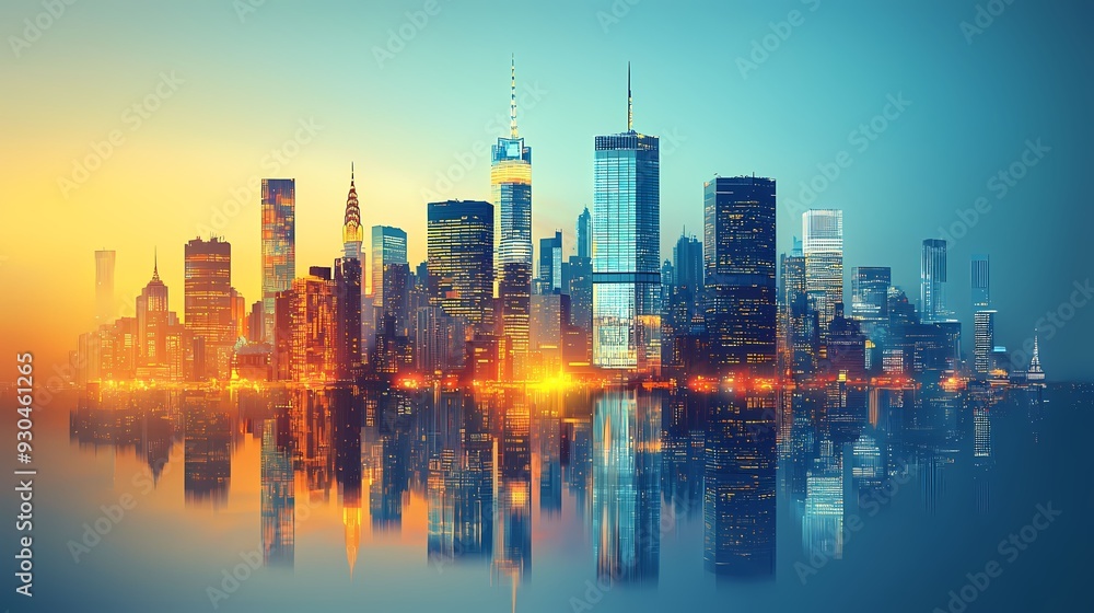 Fototapeta premium Stunning skyline at sunset reflecting on water, showcasing modern architecture and vibrant city lights for a captivating urban view.