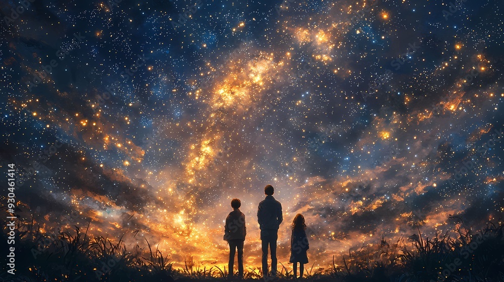 Three figures gaze at a stunning starry sky, evoking wonder and inspiration in a serene cosmic landscape. Three figures gaze at a stunning starry sky, evoking wonder and inspiration in a serene cosmic landscape.