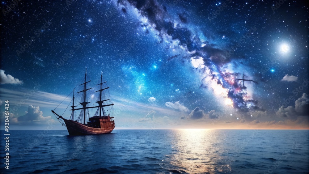 Fototapeta premium A ship sailing through the dark sea under a starry night sky