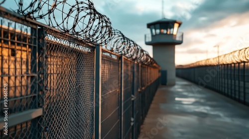 A high-security prison with barbed wire fences and a watchtower seen at sunset.