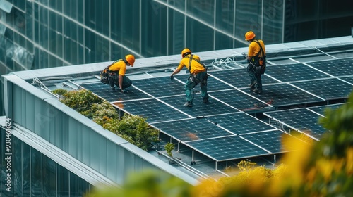 Workers are installing solar panels on a rooftop, enhancing the building's energy efficiency and sustainability photo