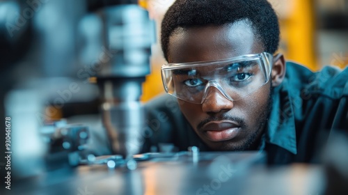 Worker wearing safety goggles while operating a CNC machine, emphasizing the importance of safety in machining.