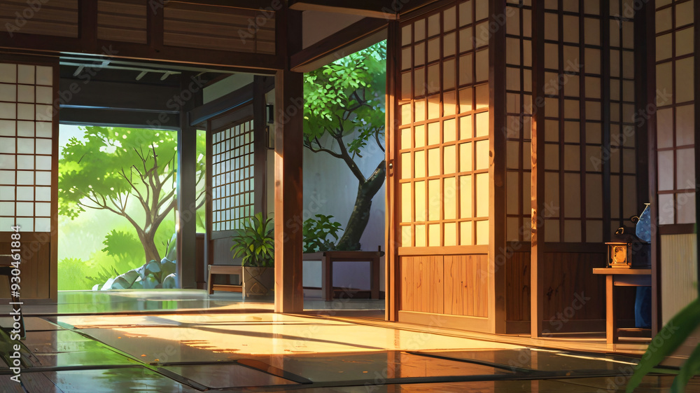 Naklejka premium Serene Traditional Japanese Interior, nature background wallpaper, anime illustration drawing,