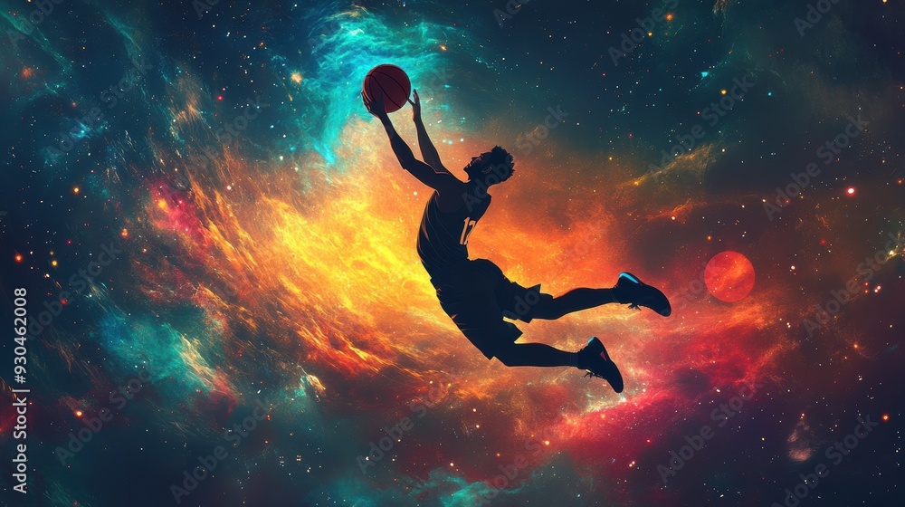 Naklejka premium A silhouette of a basketball player leaping against a vibrant cosmic background.