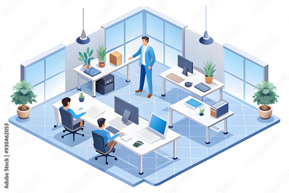 Modern Office Workspace with AI Technology Integration - Flat Vector Illustration of Smart Business Environment for Innovation and Productivity Modern Office Workspace with AI Technology Integration - Flat Vector Illustration of Smart Business Environment for Innovation and Productivity
