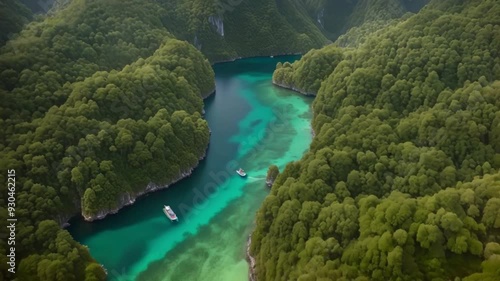 Enveloped by the stunning environment of Raja Ampat, Indonesia, a small vessel navigates the pristine turquoise waters filled with tropical islands and colorful coral reefs. This exquisite aerial disp photo