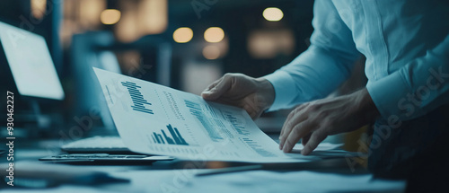 A businessman analyzing a companys financial statement. businessman analyzing