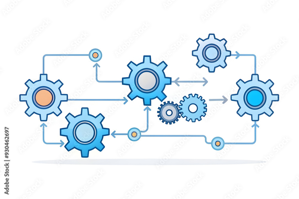 Modern AI Automation Flow with Gears and Data Streams - Technology Concept for Efficient Business Processes and Precision Control - Flat Vector Illustration in Smart Business Style Modern AI Automation Flow with Gears and Data Streams - Technology Concept for Efficient Business Processes and Precision Control - Flat Vector Illustration in Smart Business Style