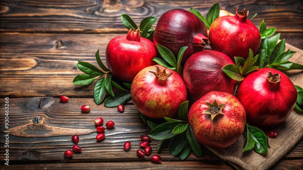 Rustic pomegranates on wooden table in a fresh organic harvest setting, showcasing vibrant red colors and healthy antioxidant properties Rustic pomegranates on wooden table in a fresh organic harvest setting, showcasing vibrant red colors and healthy antioxidant properties