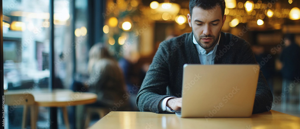 Fototapeta premium A businessman working on a laptop in a coffee shop. businessman working