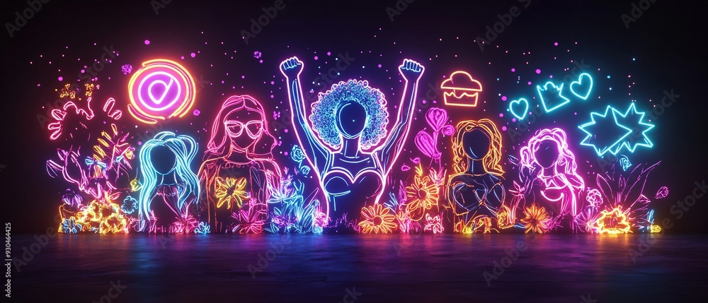 Obraz premium Empowering Feminism Vibrant Neon Illustration Celebrating Women's Rights with Strong Female Figures and Equality Symbols