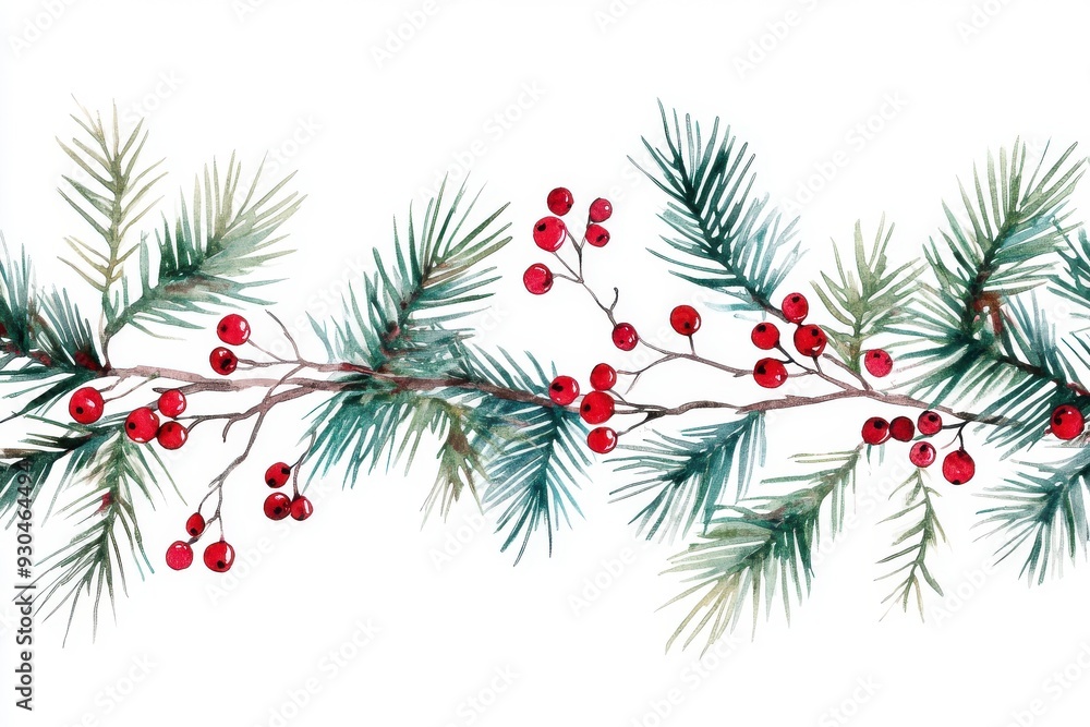 Cheerful watercolor wreath with pine needles and red berries. Perfect for seasonal greetings and invitation designs, set on a light-colored background Cheerful watercolor wreath with pine needles and red berries. Perfect for seasonal greetings and invitation designs, set on a light-colored background