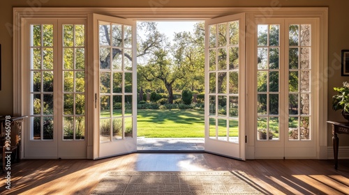 French Doors Leading to a Lush Green Garden - A set of French doors open to reveal a vibrant green garden, sunlight streaming through the glass panes. The scene evokes feelings of tranquility, peace, 