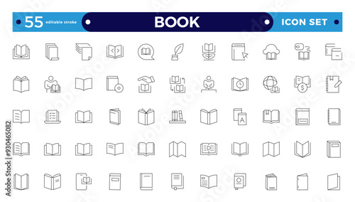 book icon set education study reading learning language skill Outline icon. Book line icons set. Open brochure, magazine, literature, dictionary, audiobook, learning. Editable stroke outline icon. 
