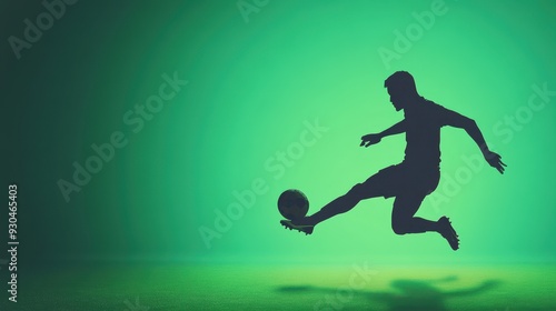 A silhouette of a football player kicking a ball against a green background.