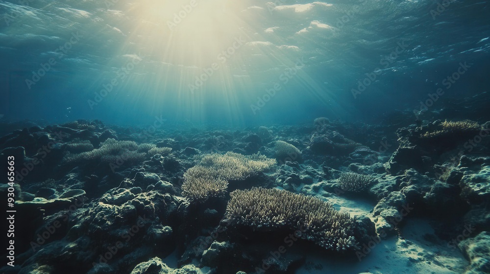 Fototapeta premium Underwater scene with coral reefs, sunlight filtering through water, serene atmosphere, vibrant marine life, tranquil ocean floor