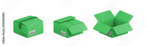Vector cartoon 3d closed and opened green carton box set. Cute realistic eco package isolated on white background. 3d render cardboard box with cargo packaging symbols for infographic, delivery app.