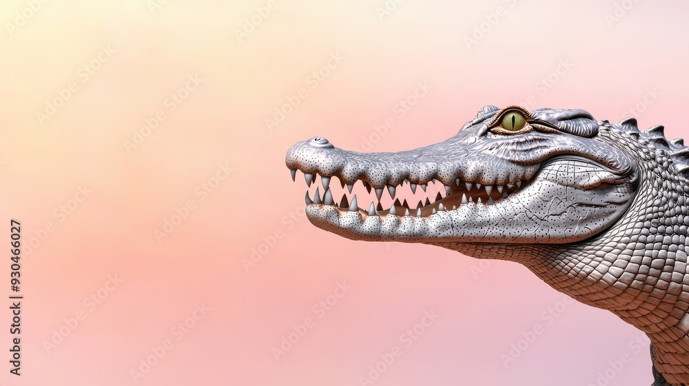 Fototapeta premium A 3D crocodile with its powerful jaws and a soft pastel background on the right, representing the ancient predators in zoos