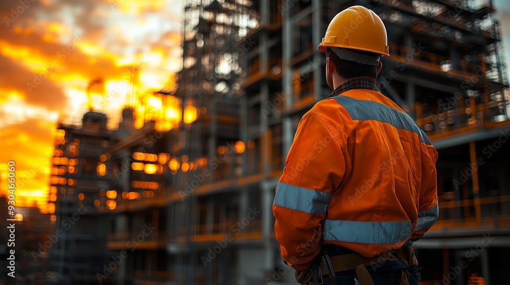 A construction worker clad in reflective safety gear and helmet gazes upon the progress of a building site against the backdrop of a vivid sunset. A construction worker clad in reflective safety gear and helmet gazes upon the progress of a building site against the backdrop of a vivid sunset.