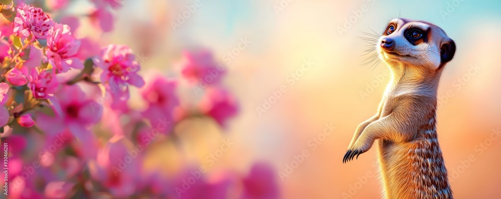 Obraz premium A 3D meerkat standing on its hind legs with a soft pastel background on the right, representing the watchful nature of these zoo animals