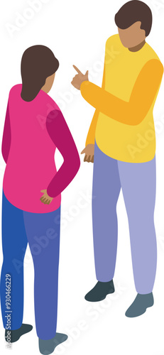 Young man explaining something to a woman, gesturing with his hands while they stand facing each other