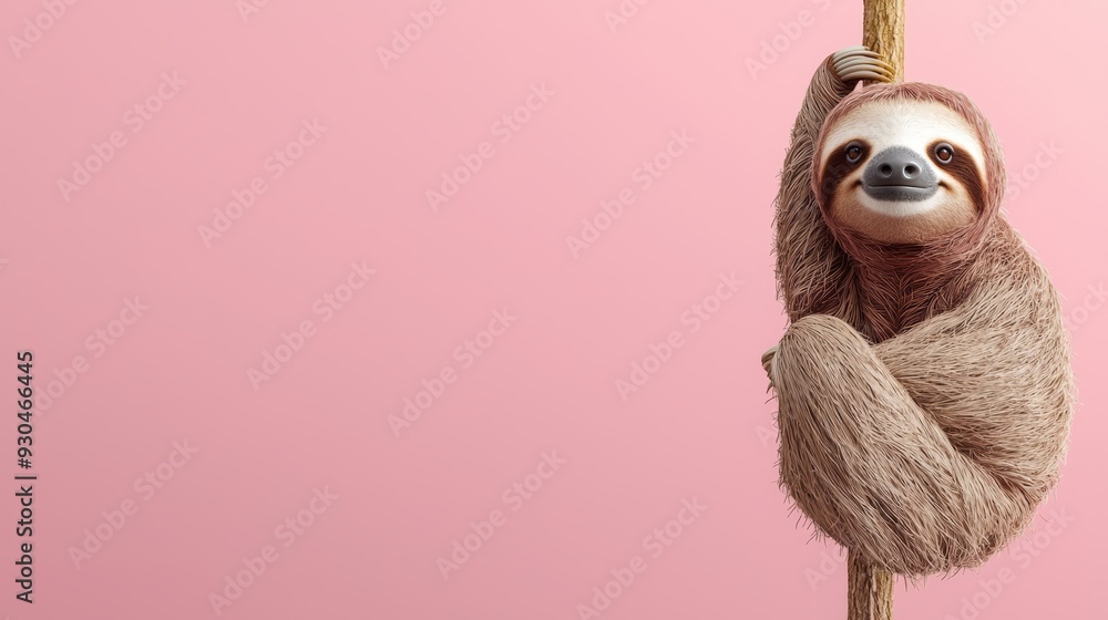 Obraz premium A 3D sloth hanging from a branch with a soft pastel background on the right, symbolizing the slow and steady life of zoo animals