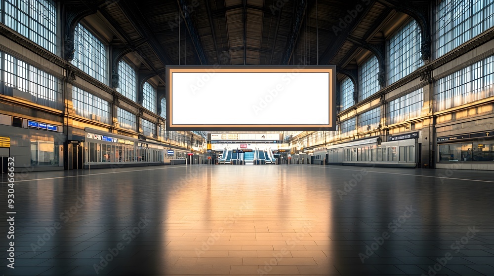 Obraz premium A clean, empty train station with large, blank billboards, natural light from high windows creating a soft, inviting glow, contemporary design elements, and a spacious, tranquil mood, reflecting the