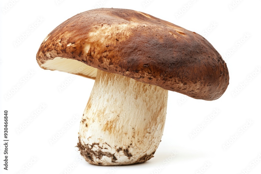 Single Brown Cap Mushroom with White Stem on White Background Single Brown Cap Mushroom with White Stem on White Background