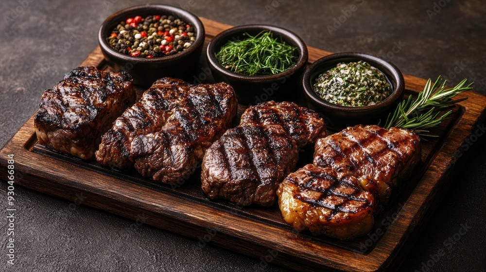 Grilled Steaks with Dipping Sauces on Wooden Platter Grilled Steaks with Dipping Sauces on Wooden Platter