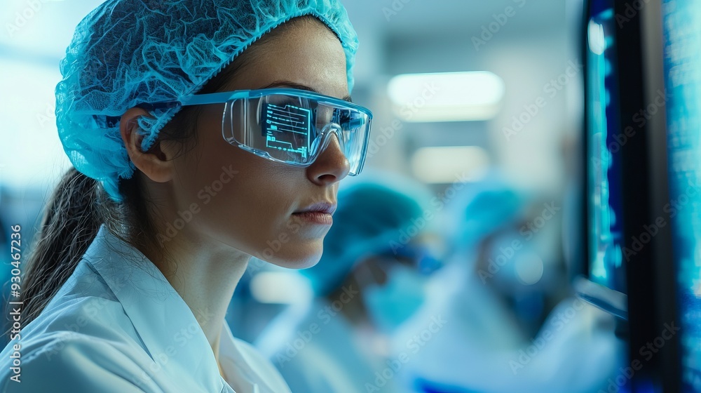 A focused scientist examines data on a screen, showcasing advanced technology in a laboratory setting. A focused scientist examines data on a screen, showcasing advanced technology in a laboratory setting.