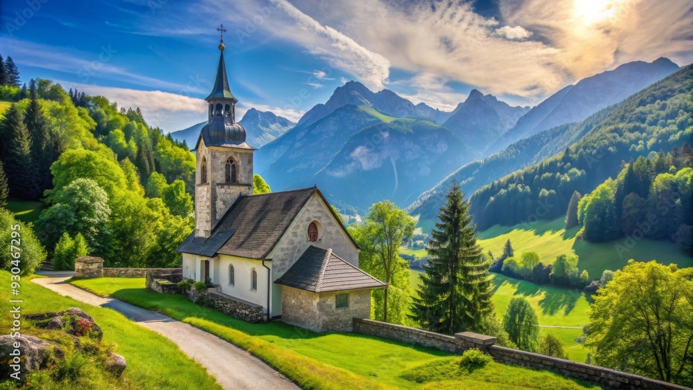 A beautiful church situated in a serene mountain landscape, surrounded by lush greenery and clear skies A beautiful church situated in a serene mountain landscape, surrounded by lush greenery and clear skies