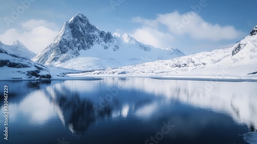 Wallpaper Mural A serene winter landscape featuring majestic snow capped mountains reflecting in a calm lake, evoking a sense of tranquility and awe. Torontodigital.ca