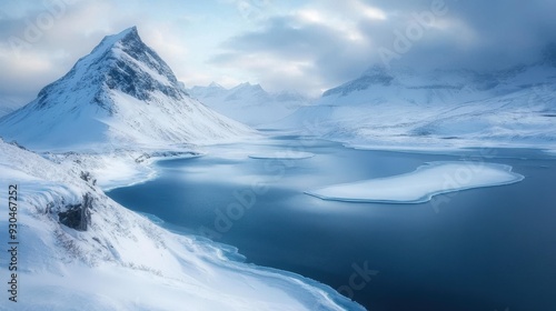 Wallpaper Mural A serene winter landscape featuring a tranquil lake surrounded by snow covered mountains, evoking a sense of calm and solitude. Torontodigital.ca