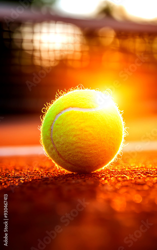 A bright tennis ball shines in the sunlight on a clay court, capturing the essence of sport and leisure in a vibrant setting. photo