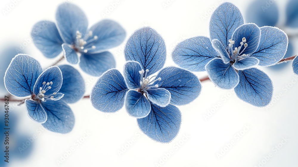 Tiny steel grey and midnight blue winter leaves with mini frost flowers on a white backdrop. Minimalistic, high resolution, clear sharp focus, hyper-detailed. Tiny steel grey and midnight blue winter leaves with mini frost flowers on a white backdrop. Minimalistic, high resolution, clear sharp focus, hyper-detailed.