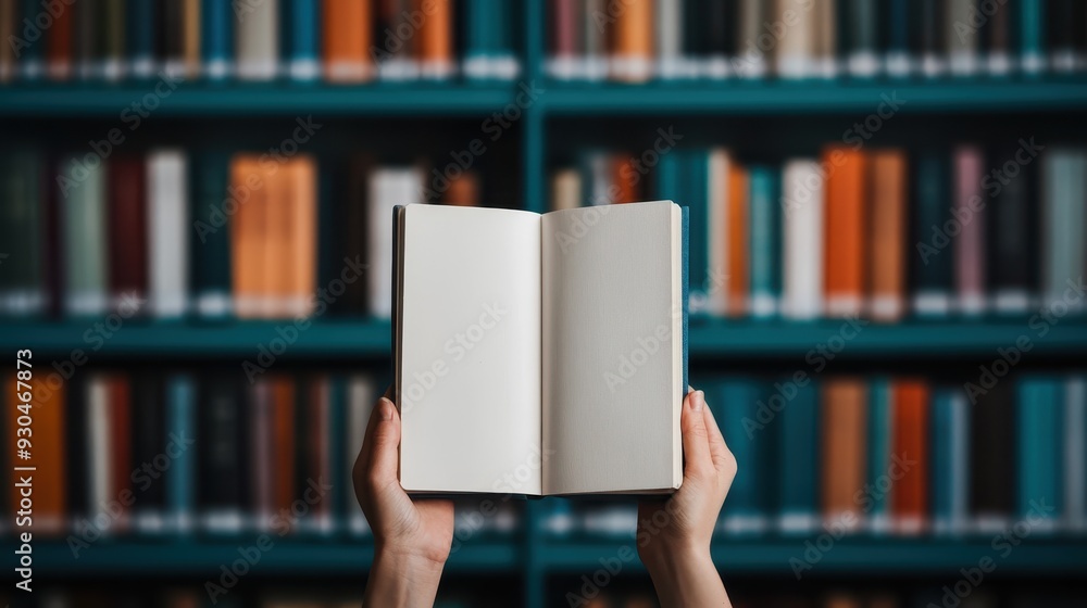A pair of hands holds an open blank white book in front of a library bookshelf, highlighting the theme of endless possibilities and the quest for knowledge and learning. A pair of hands holds an open blank white book in front of a library bookshelf, highlighting the theme of endless possibilities and the quest for knowledge and learning.
