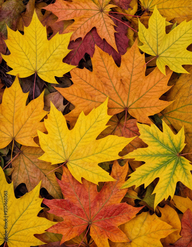 Autumn colored maple tree branch isolated at the edge of an empty sunny blue sky, blurry yellow and orange bright fall leaf background with copy space