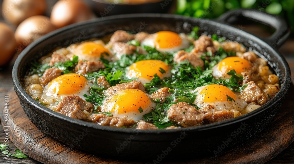 Savory Dish with Eggs and Greens in Cast Iron Pan Savory Dish with Eggs and Greens in Cast Iron Pan
