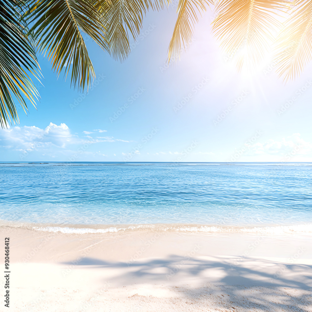 Obraz premium Tropical beach scene with clear blue water, soft sand, and vibrant palm leaves gently swaying in the breeze.