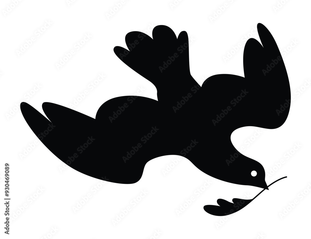 Dove silhouette icon. Black shape of pigeon. Vector flying dove with olive branch on white background Dove silhouette icon. Black shape of pigeon. Vector flying dove with olive branch on white background