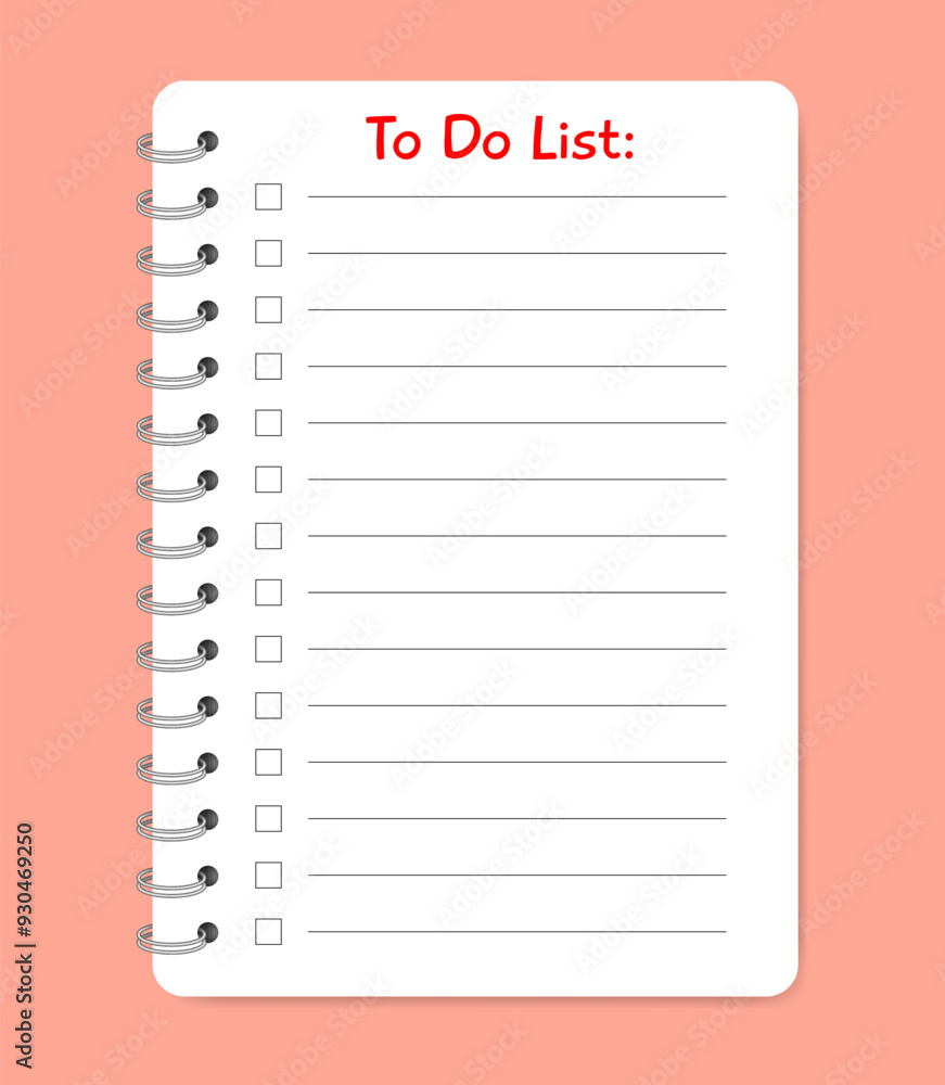 To do list. Notebook with spiral. Small book, diary, notepad. Copybook with lined notepaper To do list. Notebook with spiral. Small book, diary, notepad. Copybook with lined notepaper