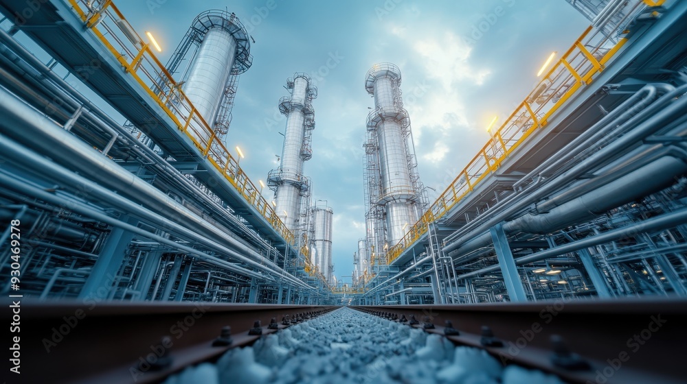 This image portrays a close-up view of an intricate industrial pipe system, showcasing the complex network of pipes, scaffolding, and tanks against a backdrop of an expansive sky. This image portrays a close-up view of an intricate industrial pipe system, showcasing the complex network of pipes, scaffolding, and tanks against a backdrop of an expansive sky.