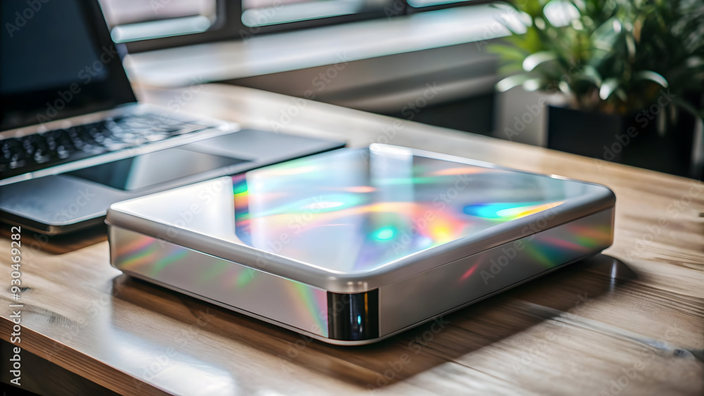 Modern Data Storage Solutions: Flat Holographic External Hard Drive on Glossy Desk - Cutting Edge Technology Concept in Business Vector Illustration Modern Data Storage Solutions: Flat Holographic External Hard Drive on Glossy Desk - Cutting Edge Technology Concept in Business Vector Illustration