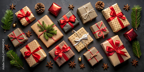 flat lay of presents on black background